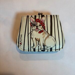 Authentic Brighton Poppy French Bulldog Kiss Lock Leather Striped Wallet